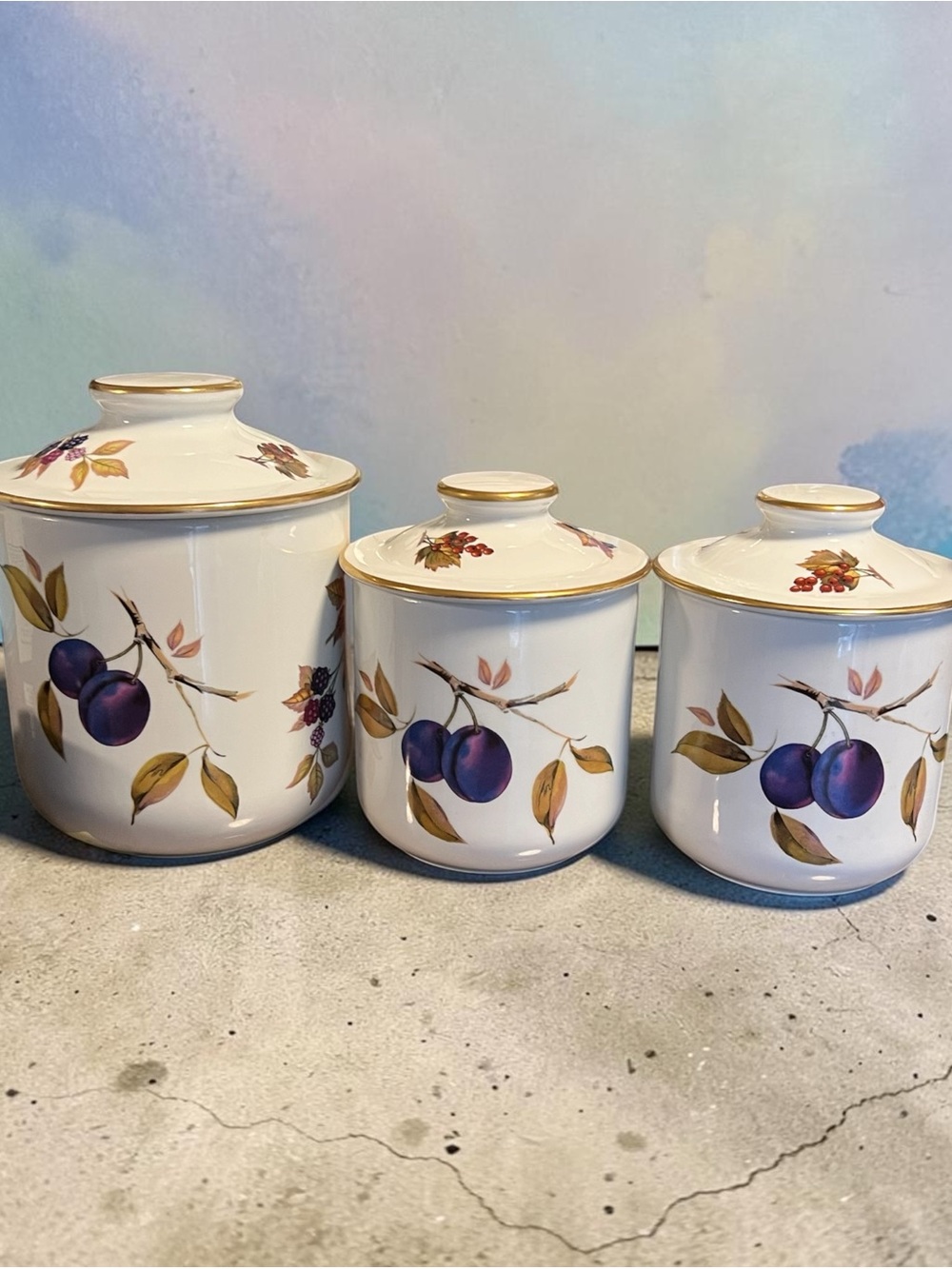 Royal Worcester White Ceramic Canister Set with Purple Plum Motif and Gold Trim